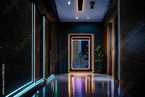 Fototapeta The entryway of a smart apartment with a voice-controlled personal assistant, interactive wall projections, and AI-driven ambient music