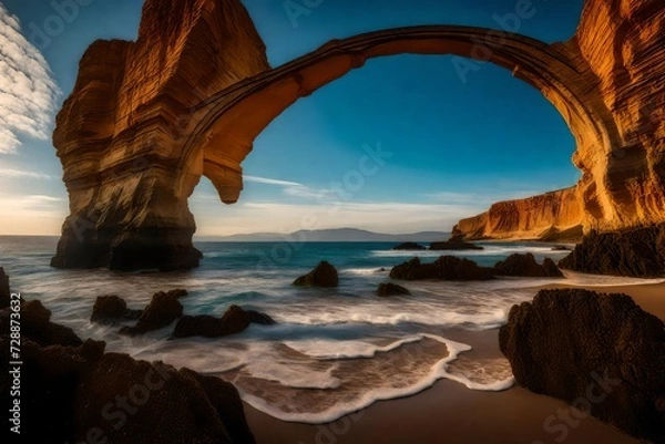 Fototapeta Capture the essence of seaside elegance as majestic arches frame the horizon, inviting the azure waves to gracefully enter a coastal sanctuary