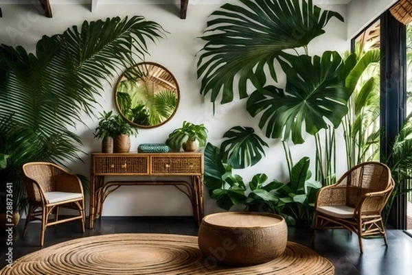 Fototapeta The entryway of a tropical retreat with a bamboo console table, rattan chairs, and a statement palm leaf wallpaper