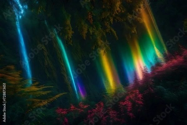Fototapeta Illuminate a spectral dreamscape where iridescent flora and fauna dance in the radiant glow of a digital rainbow