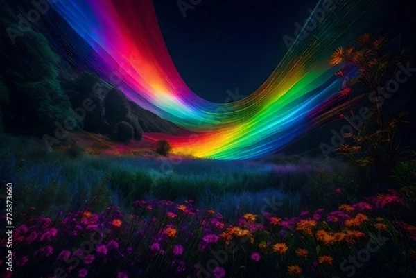 Fototapeta Illuminate a spectral dreamscape where iridescent flora and fauna dance in the radiant glow of a digital rainbow