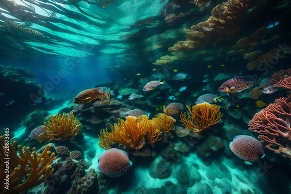 Fototapeta Bring to life a vibrant underwater scene with intricate coral formations, teeming marine life, and crystal-clear waters