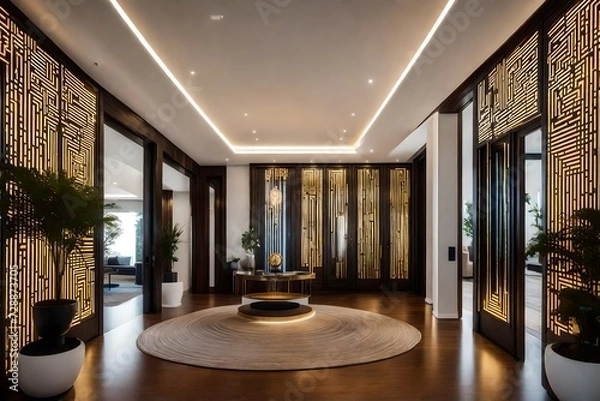 Fototapeta The foyer of an intelligent residence featuring a facial recognition entry system, automated curtains, and a personalized virtual assistant