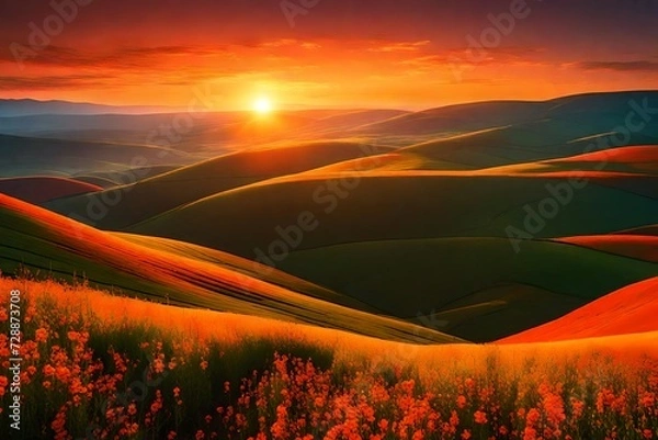 Fototapeta Generate a digital dreamscape where the sun sets over rolling hills, casting a warm and enchanting glow upon a landscape painted in primary hues