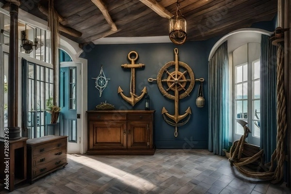 Fototapeta An entry hall of a seaside villa with nautical rope accents, a weathered anchor centerpiece, and a vintage compass on the wall
