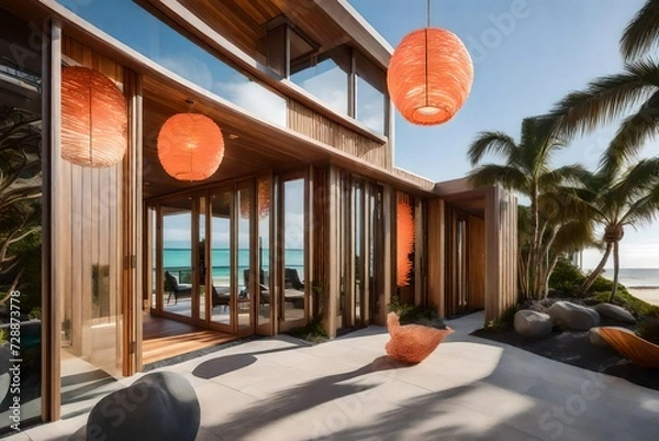 Fototapeta A contemporary beachfront residence entrance featuring a custom coral-inspired light fixture and floor-to-ceiling windows