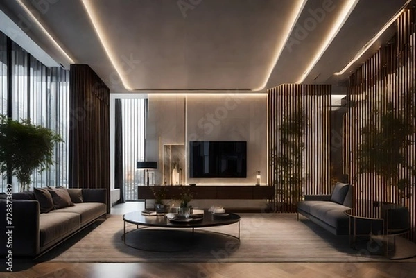 Fototapeta The tech-savvy foyer of a smart apartment showcasing a virtual concierge, smart storage solutions, and an AI-driven climate control system