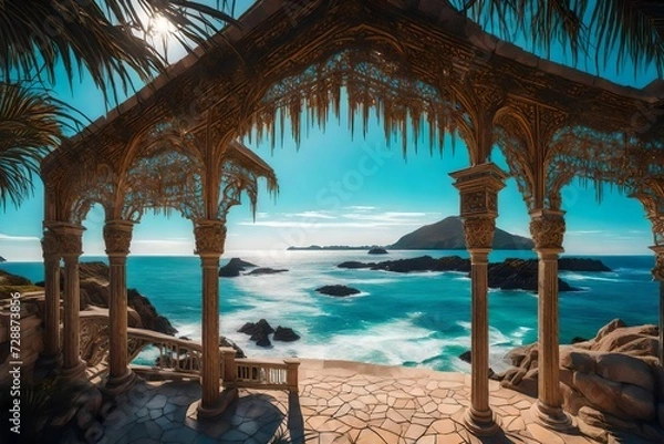 Fototapeta Compose a coastal symphony where stately entryways, kissed by salted breezes, stand sentinel against the backdrop of a vast and calming ocean