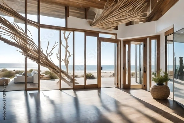 Fototapeta An airy beach house entrance with floor-to-ceiling windows, a suspended driftwood sculpture, and a neutral color palette