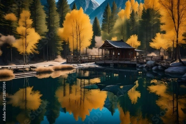 Fototapeta Compose a serene lakeside scene, where the reflection of a cloudless sky mirrors the simplicity and beauty of a primary color palette