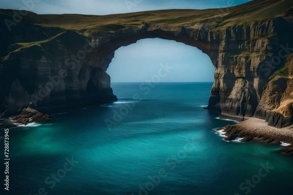 Fototapeta Craft a picturesque maritime entrance, where grand arches mirror the curvature of distant cliffs, creating a seamless fusion of land and sea