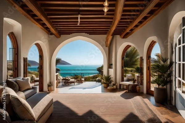 Fototapeta Design a tranquil coastal retreat where arched pathways lead to grand doorways, opening to panoramic views of the serene seascape beyond