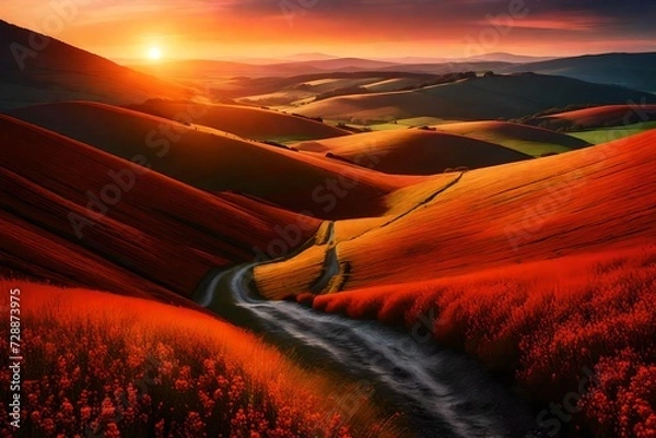 Fototapeta Generate a digital dreamscape where the sun sets over rolling hills, casting a warm and enchanting glow upon a landscape painted in primary hues