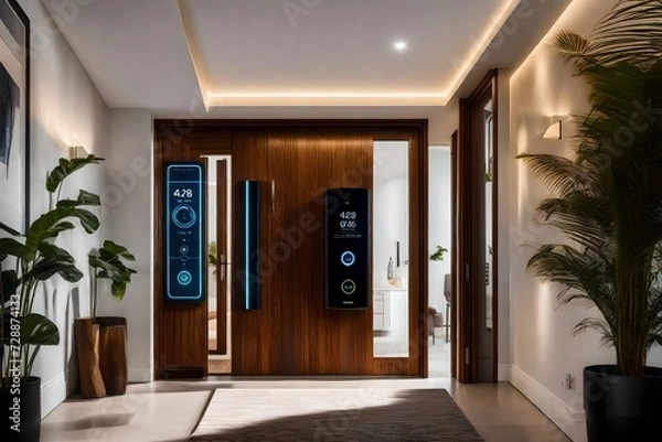 Fototapeta A modern entry with a smart lock system, ambient lighting controlled by voice commands, and a sleek digital display for home updates