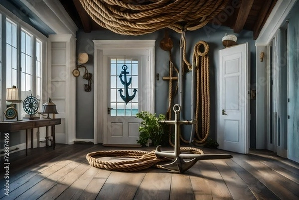 Fototapeta An entry hall of a seaside villa with nautical rope accents, a weathered anchor centerpiece, and a vintage compass on the wall