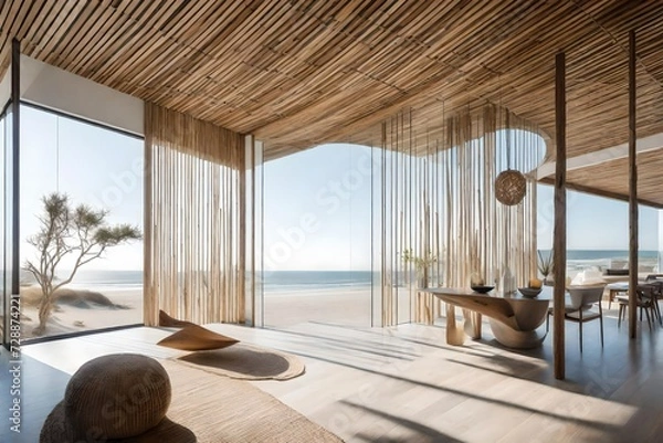 Fototapeta An airy beach house entrance with floor-to-ceiling windows, a suspended driftwood sculpture, and a neutral color palette
