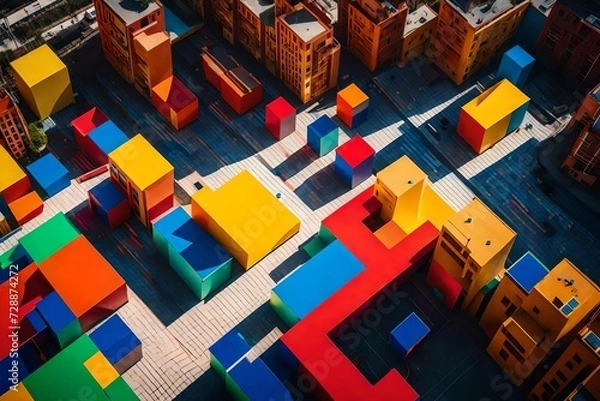 Fototapeta Conjure an abstract city square where primary-colored geometric shapes interact with sunlight, casting playful shadows in a visually engaging playground