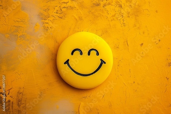 Fototapeta Golden smiley ball button, round yellow smile symbol, grin, smirk, and laughter, radiating good humor. Joyful happy positive vibes icon on black. Warmth childlike feelings, customer service excellence