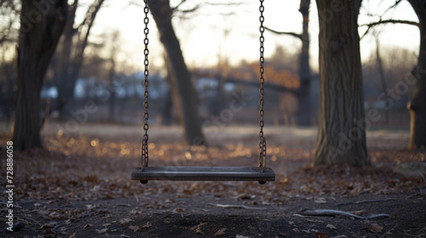 Obraz An old swing hanging from a creaking tree in a desolate playground, swaying in the wind.