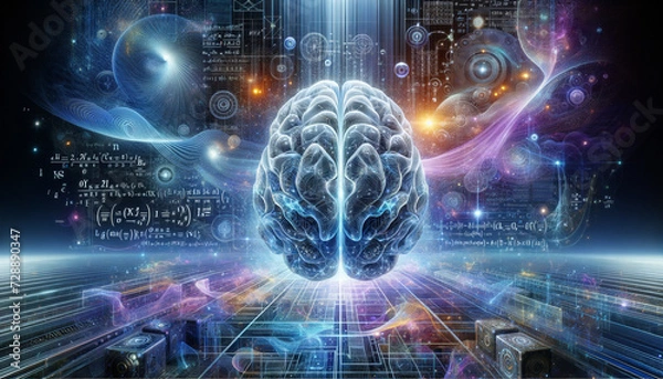 Fototapeta Futuristic AI-Quantum Fusion: 3D Brain with Dynamic 2D-3D Elements in Abstract Space