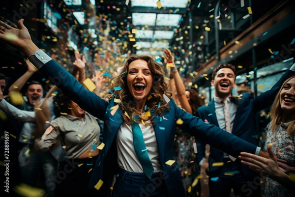 Fototapeta Businesswoman celebrating a promotion at work. Office party. Social event at work. Generative AI