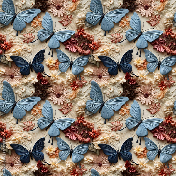 Fototapeta 3D Fabrics embroidered seamless patterns of butterflys and flower, pastel color tones. Can be used for fabric printing, scrapbooking, crafts, diy.NO.06