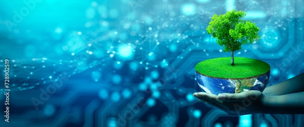 Fototapeta Hand holding haft of Earth with Tree growing on. Eco Technology and Technology Convergence. Green Computing, Green Technology, Green IT, csr, and IT ethics Concept. Image furnished by NASA.