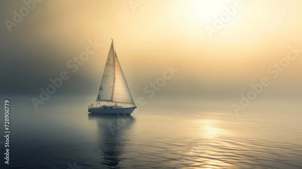 Fototapeta A sailboat floating in the soft hazy light of the sun creating a peaceful and idyllic scene.