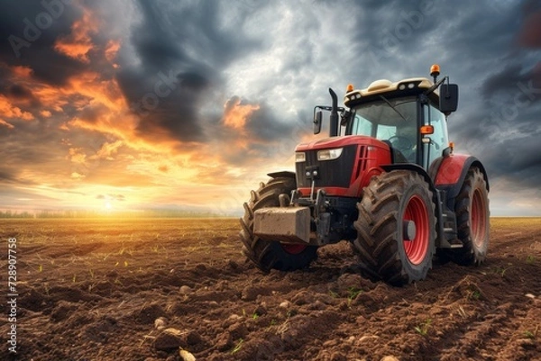Fototapeta Tractor in the field. Background with selective focus and copy space