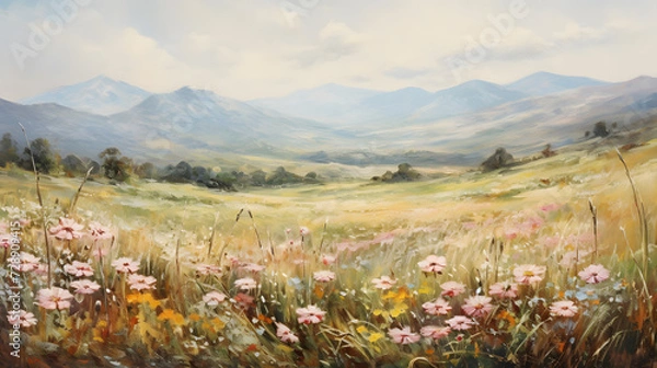 Obraz Art oil painting with meadow mountain flowers in spring