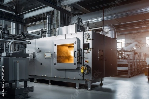 Fototapeta A large, industrial sintering oven sits idle in a spacious factory, bathed in the soft glow of overhead lights, awaiting its next batch of materials