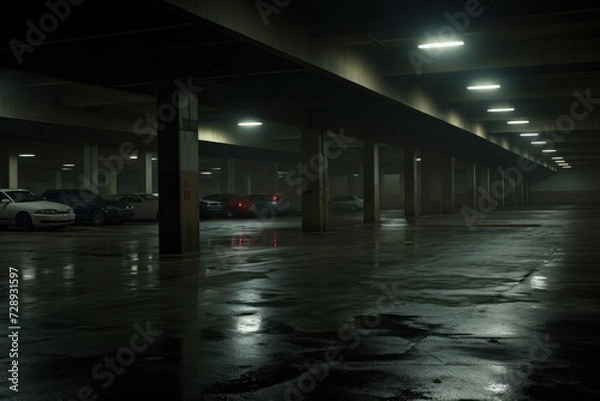 Fototapeta A dark parking garage with cars parked in it. Generative AI.