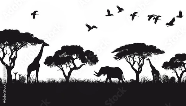 Fototapeta African savannah scene in silhouette with giraffes, an elephant, acacia trees, and a flock of birds against a wide, open sky