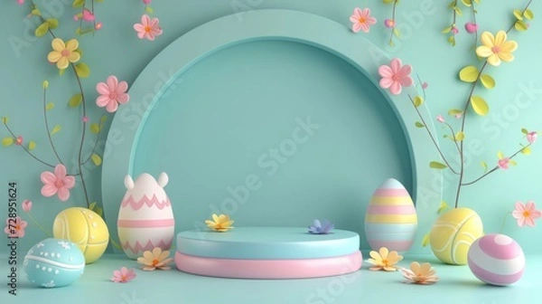 Obraz Set of 3D happy easter day background. Platforms mockup product display. Abstract composition minimal design. Stage showcase.