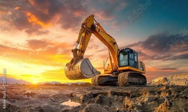 Obraz 
Excavator in open pit mining Excavator on earthmoving on sunset Loader on excavation Earth Moving Heavy Equipment Earth mover ar construction site Backhoe Loader on Road construction