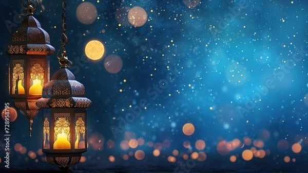 Obraz abstract ramadan blue background islamic with old lantern lamps