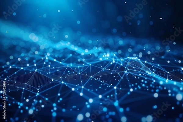 Fototapeta Blue abstract background with a network grid and interconnected particles Symbolizing the intricate connections and data flow in the digital world