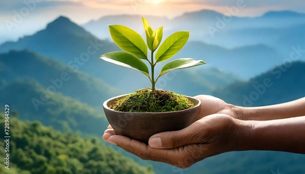 Fototapeta Vibrant Sapling Beautiful Green Seedling Growing on a Hand, Against the Backdrop of a Majestic Mountain View