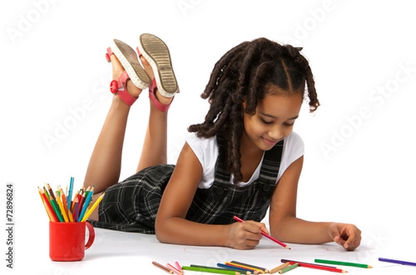 Obraz cheerful girl draws pencil lying on the floor