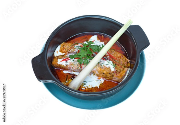 Obraz Salmon fish curry(Chuchee Salmon)Thai food fusion style on white background