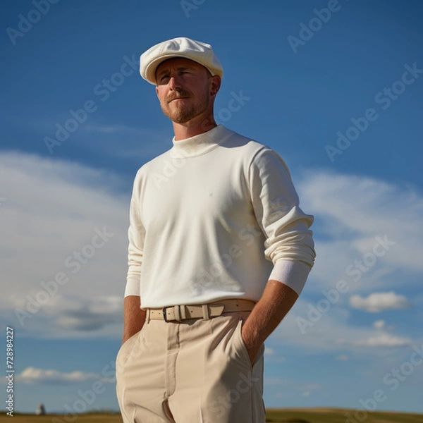 Obraz Man in vintage golf attire posing on a sunny day with blue skies hands on hips wearing a cap belt and sweater