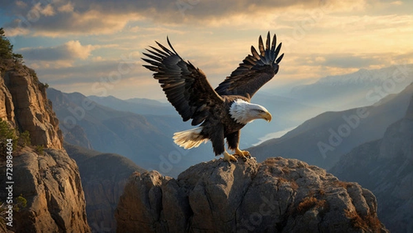 Fototapeta A picture of a bald eagle gracefully descending from the sky to the edge of a cliff, where it elegantly alights on a weathered perch and the sheer strength conveyed by the eagle's presence