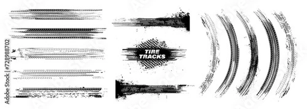Fototapeta Znaki bieżnika opon, izolowana konsystencja kół, ślady opon - dryf, rajd, wyścigi, teren, motocross. Wektor izolowana tekstura z efektem grunge, plamy. Czarne monochromatyczne nadruki bieżnika. Wektorowy zestaw graficzny