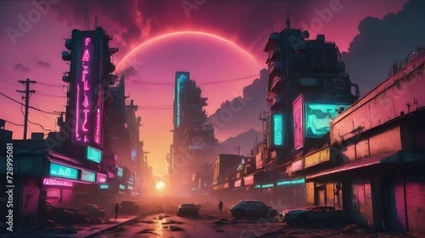 Fototapeta Radiant Desolation: Fallout in Cyberpunk Metropolis