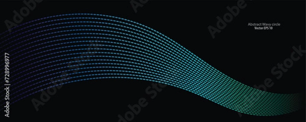 Fototapeta Flowing dot particles light wave pattern halftone blue and green gradient smooth curve shape isolated on black background. Vector in concept of technology, science, music, modern.