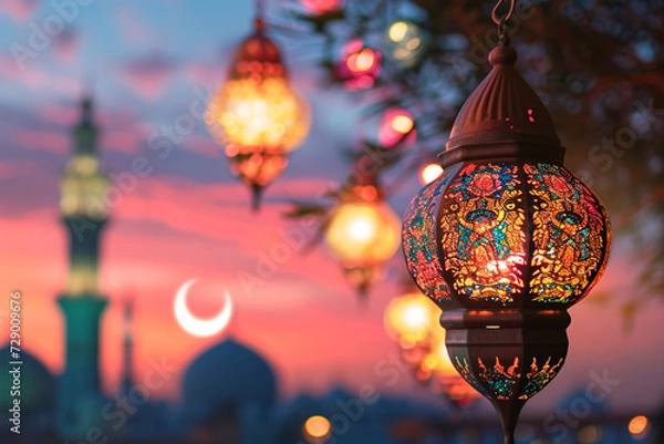 Fototapeta ramadan Kareem, Ramadan crescent moon, Eid Mubarak Islamic festival social media banner and Eid Mubarak Post Template, islam