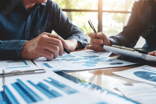Fototapeta Business owner consulting with a bank representative or financial advisor about a business loan.