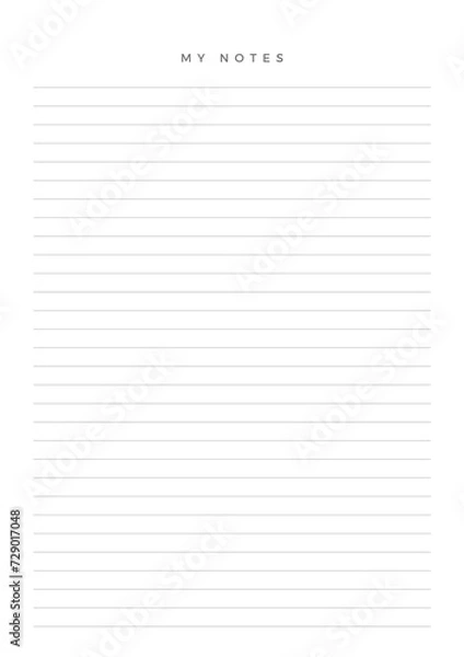 Obraz MY NOTES blank sheet of paper with straight parallel lines on white isolated background. Vector illustration.