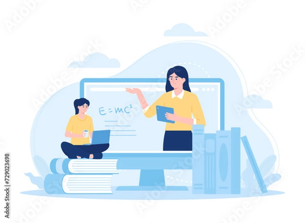 Fototapeta Online courses and tutorials using computers and laptops concept flat illustration