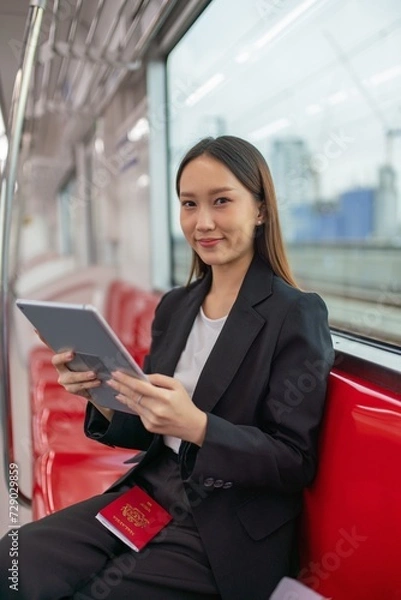 Obraz Young asian business woman with digital tablet in the skytrain